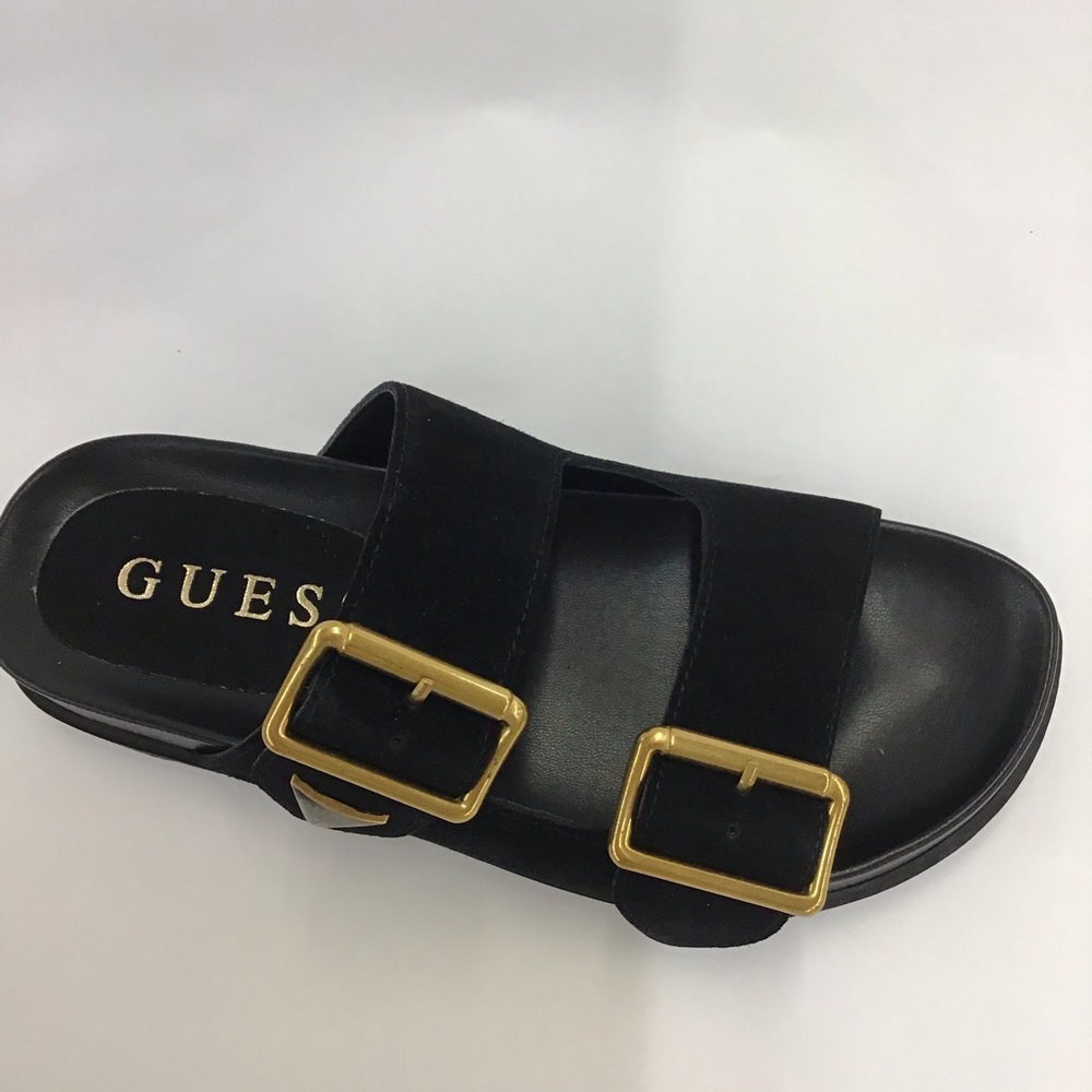 New Womens Guess Suede Sandals Fasten Double-Buckle Footbed Size 6 M Black 001 - Picture 2 of 7
